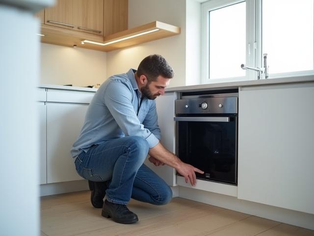 Tekniker som installerer et nytt innebygd apparat på et moderne kjøkken.